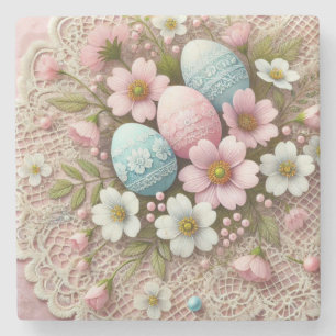Floral lace pastel pink Easter eggs and flowers  Stone Coaster