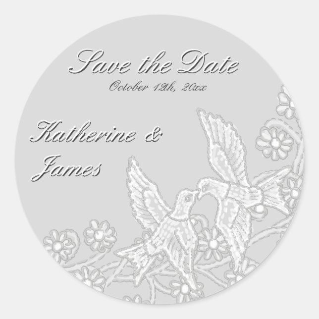 Floral Lace Platinum Save the Date Sticker (Front)