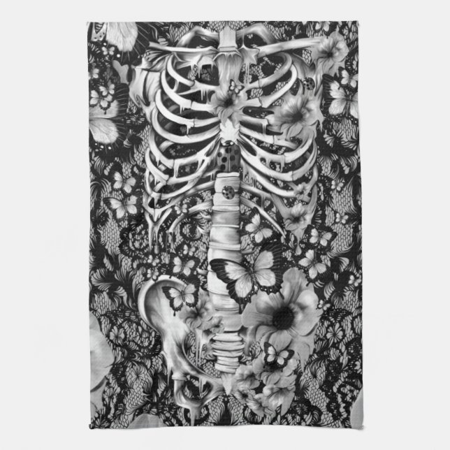 Floral lace skeleton with butterflies tea towel (Vertical)