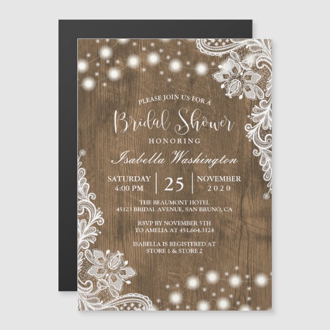Floral Lace String Light Rustic Wood Bridal Shower Magnetic Invitation (Front/Back)