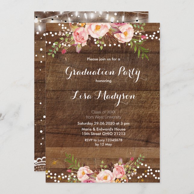Floral Lace String Lights Graduation Party Card (Front/Back)