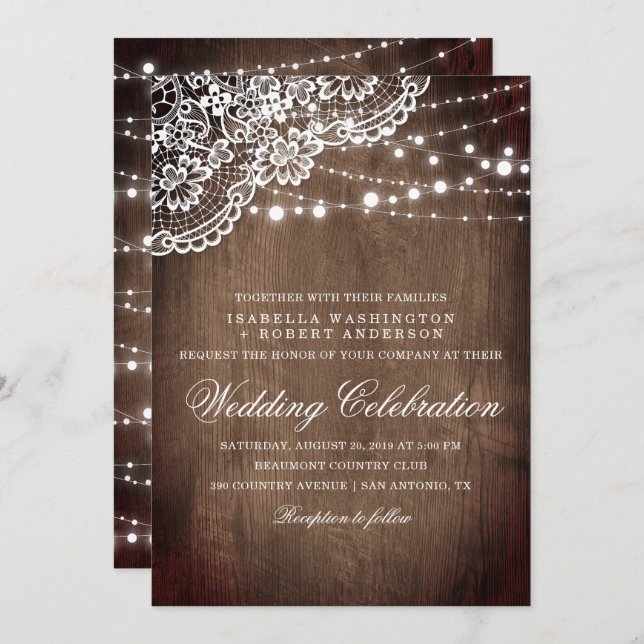 Floral Lace & String Of Lights Rustic Wood Wedding Invitation (Front/Back)