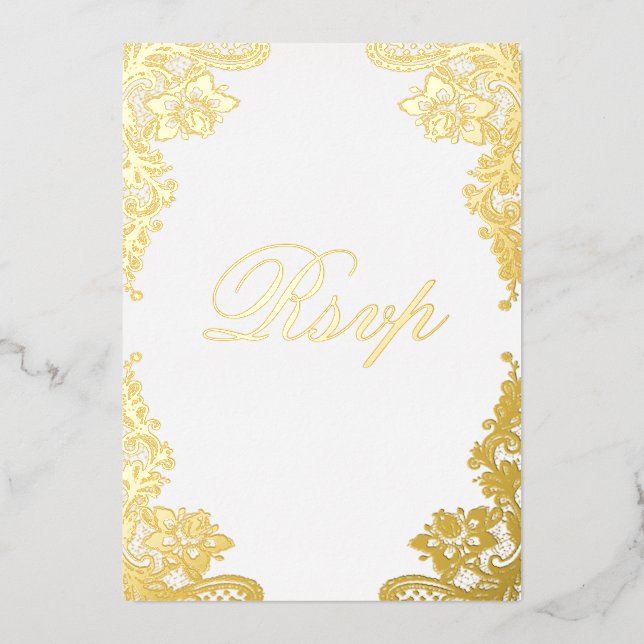 Floral Lace Wedding RSVP Real Gold (Front)