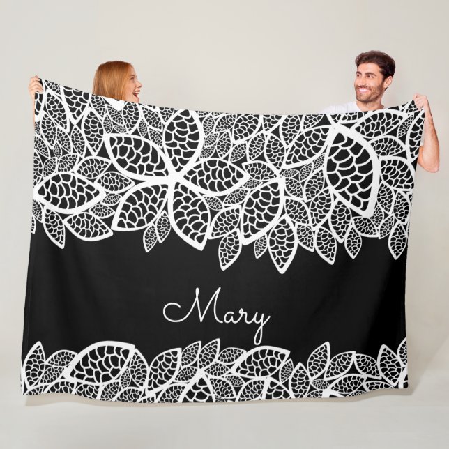 Floral Lace Your Name Black White Fleece Blanket (In Situ)