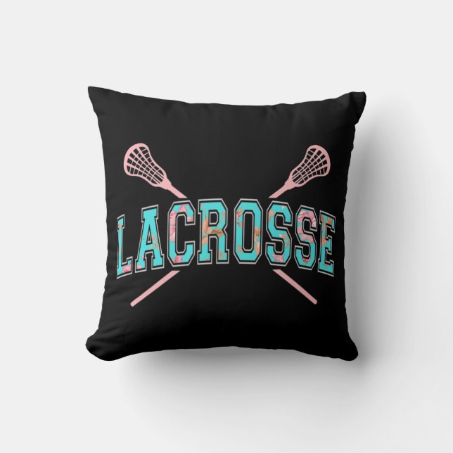 Floral Lacrosse Crossed Sticks LAX Girly Teal PInk Cushion (Front)