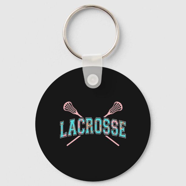 Floral Lacrosse Crossed Sticks LAX Girly Teal PInk Key Ring (Front)