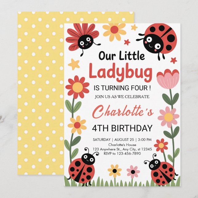 Floral ladybug birthday invitation (Front/Back)
