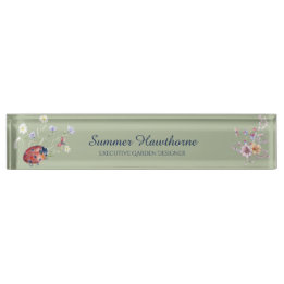 Floral Ladybug Botanical Cottage Core Sage Green Nameplate