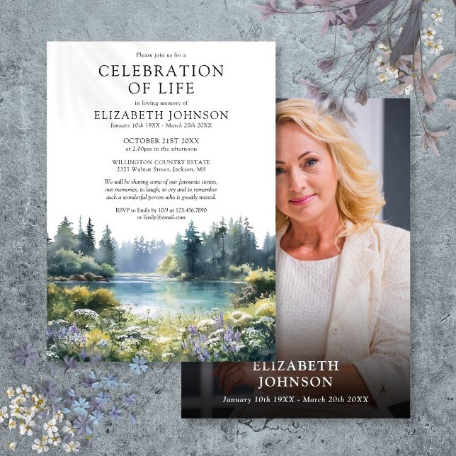 Floral Lake Celebration Of Life Photo Funeral Invitation (Floral Lake Celebration Of Life Photo Funeral Invitation)