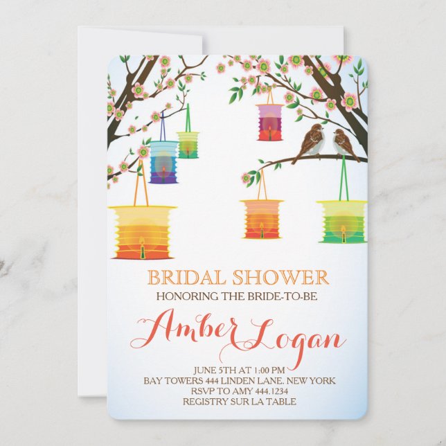 Floral Lantern Bird Bridal Shower Invitations (Front)