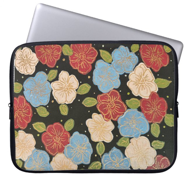 Floral laptop sleeve with pink, blue, green & gold (Front)