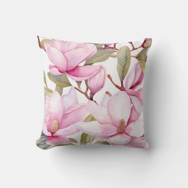 Floral Large Pink Magnolia Flower Throw Pillow (Front)
