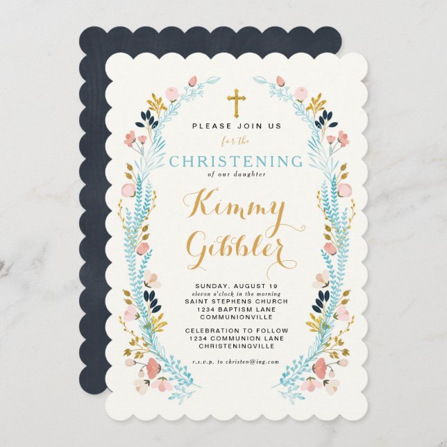 Floral Laurel Frame Christening invitation (Front/Back)