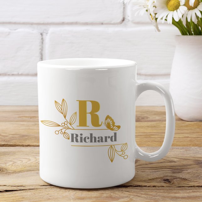 Floral Laurel Initial Letter Monogram Name Coffee  Coffee Mug (Creator Uploaded)