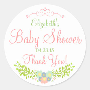 Floral Laurel Peach and Green Shower Classic Round Sticker
