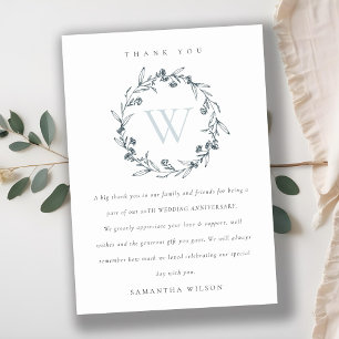 Floral Laurel Wreath Monogram Any Year Anniversary Thank You Card