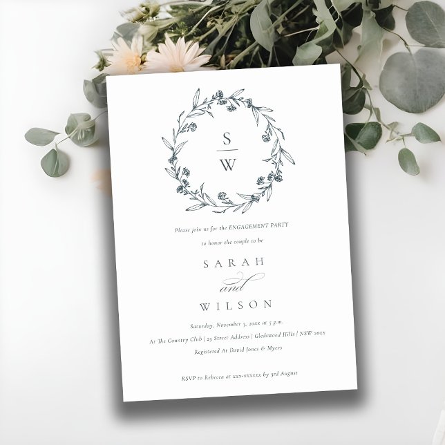 Floral Laurel Wreath Monogram Engagement Invite (Creator Uploaded)