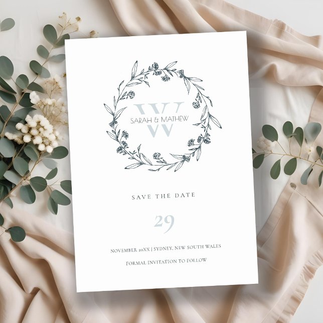 Floral Laurel Wreath Monogram Save The Date Card (Creator Uploaded)