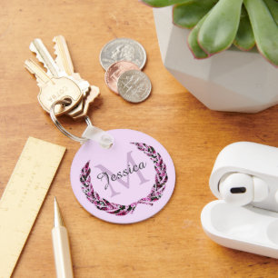 Floral Laurel Wreath Pretty Personalised Monogram Key Ring