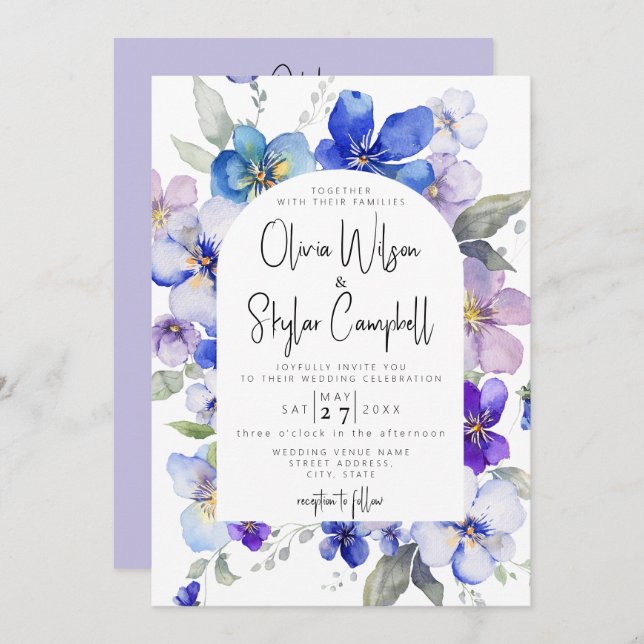 Floral Lavender Blue QR Code All In One Wedding Invitation (Front/Back)