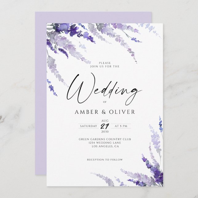 Floral Lavender Elegant Dusty Purple Lilac Wedding Invitation (Front/Back)