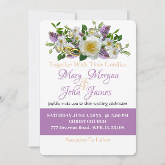 Floral Lavender Gold & White  Flowers  With Ring   Invitation
