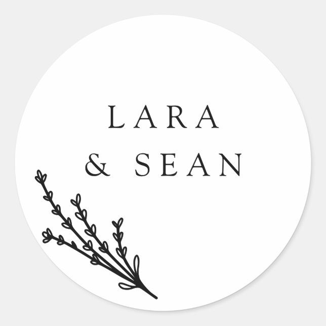 Floral Lavender Modern Minimalist Black and White Classic Round Sticker (Front)