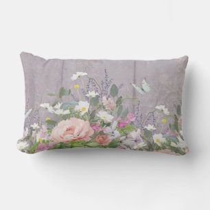 Floral Lavender Peony Butterflies Rustic Wood Art Lumbar Cushion