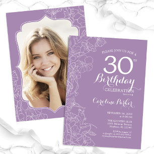 Floral Lavender Purple Photo 30th Birthday Party Invitation