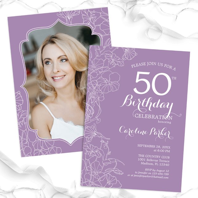 Floral Lavender Purple Photo 50th Birthday Party Invitation (Creator Uploaded)