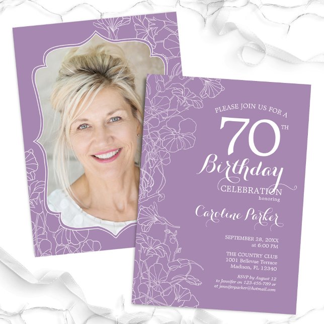 Floral Lavender Purple Photo 70th Birthday Party Invitation (Creator Uploaded)