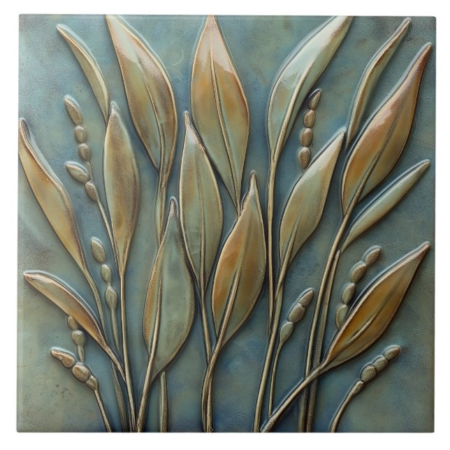 Floral & Leaf Botanical Faux Relief  Ceramic Tile (Front)