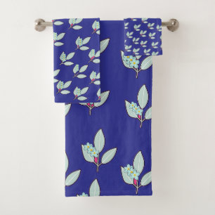 Floral Leaf Deep Blue Bath Towel Set