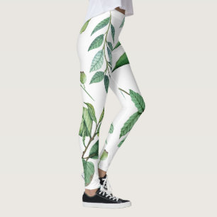 Floral Leaf Leggings - White & Green Women's Style