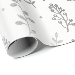 Floral Leafs Metallic White Silver Grey Delicate Wrapping Paper