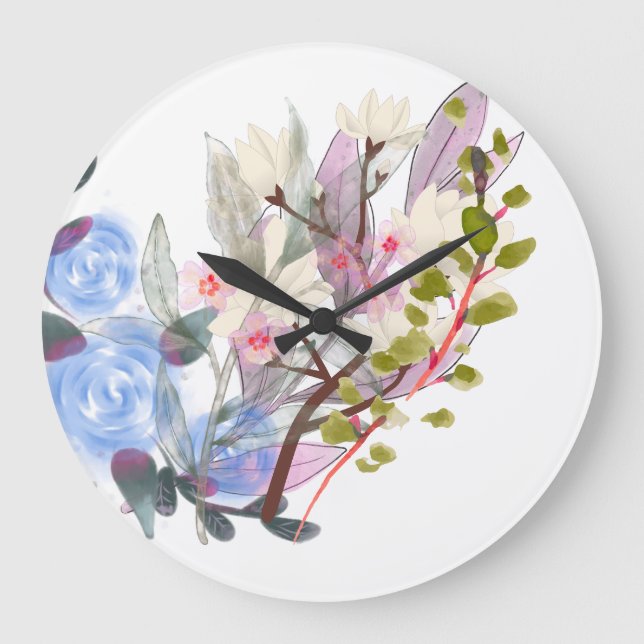 Floral Leaves Art – Elegant Flowers and Botanical Large Clock (Front)