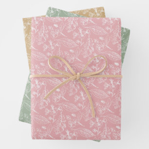 Floral Leaves Art Pattern On Pink Sage Green Beige Wrapping Paper Sheet