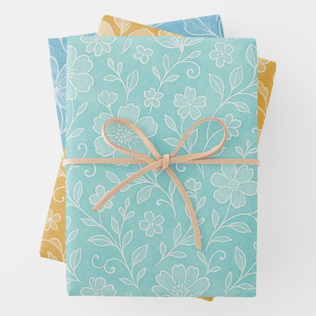Floral Leaves Art Pattern On Turquoise Blue Yellow Wrapping Paper Sheet (In situ)