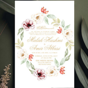 Floral Leaves Border White Islamic Muslim Wedding Invitation