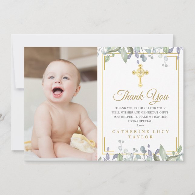 Floral Leaves Gold Cross Baptism Christening Photo Thank You Card (Front)