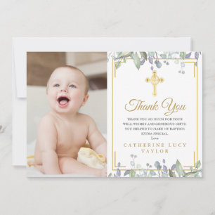 Floral Leaves Gold Cross Baptism Christening Photo Thank You Card