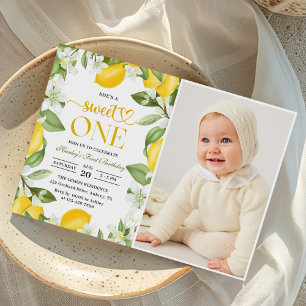 Floral Lemon Citrus 1st Birthday Photo Invitation
