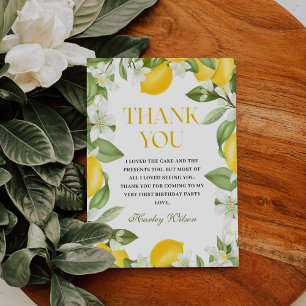 Floral Lemon Citrus 1st Birthday Thank You Card