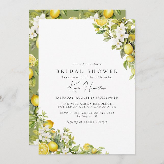 Floral Lemon | Elegant Yellow Green Bridal Shower Invitation (Front/Back)