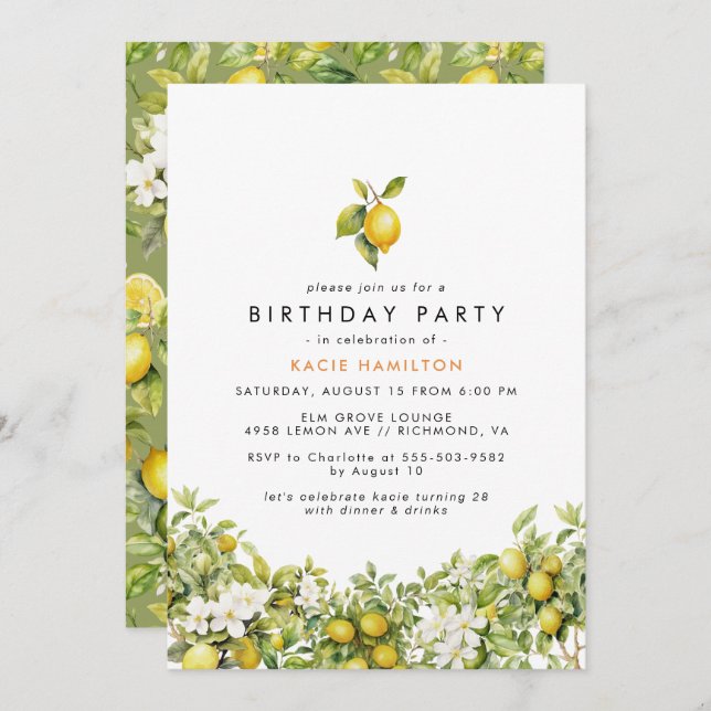 Floral Lemon | Fun Bright Yellow Adult Birthday Invitation (Front/Back)
