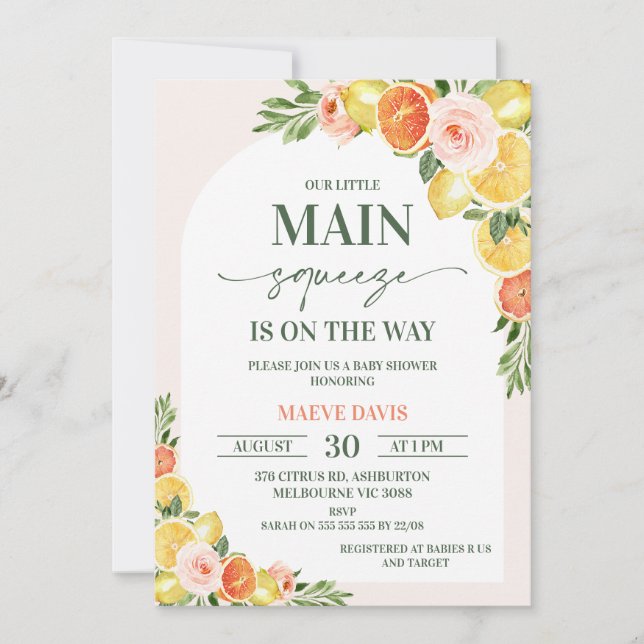 Floral Lemon Orange Our Main Squeeze Baby Shower Invitation (Front)