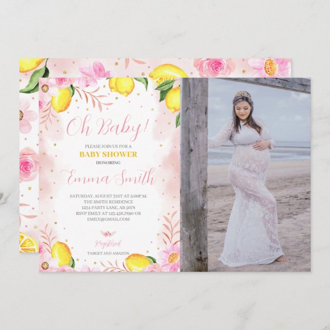 Floral Lemonade Baby Shower Photo Invitation (Front/Back)
