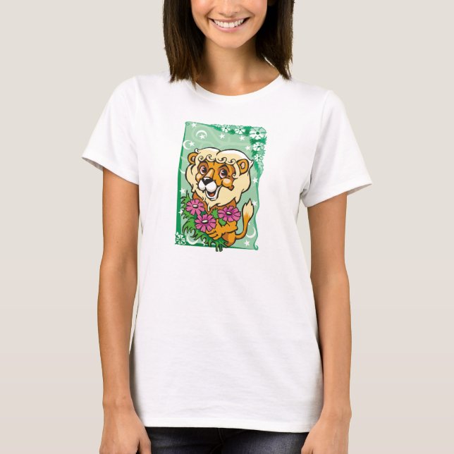 Floral Leo Lion, pink flowers T-Shirt (Front)