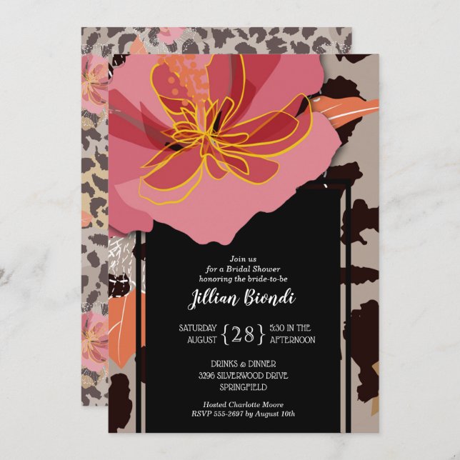 Floral Leopard Animal Print Bridal Shower Invitation (Front/Back)