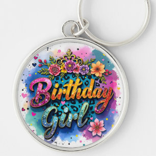 Floral Leopard Birthday Girl Key Ring